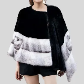 Genuine Mink  Fur  O-Neck Patchwork Long Spliced Coat