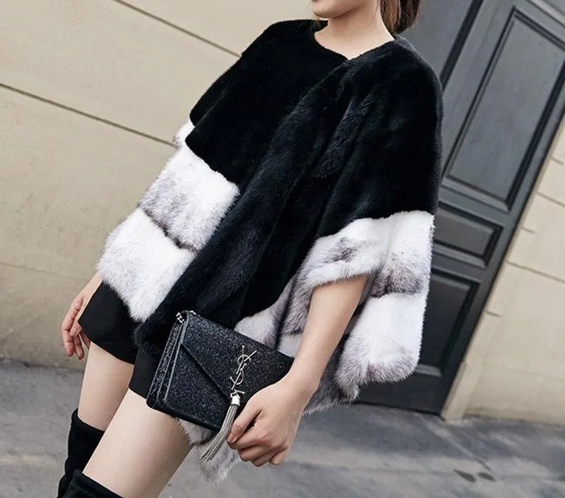 Genuine Mink  Fur  O-Neck Patchwork Long Spliced Coat