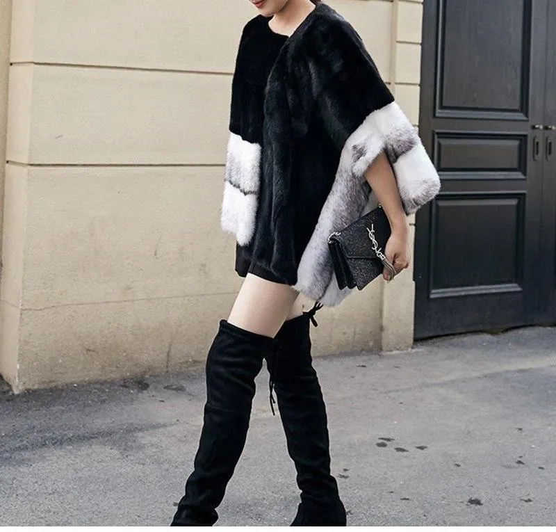 Genuine Mink  Fur  O-Neck Patchwork Long Spliced Coat