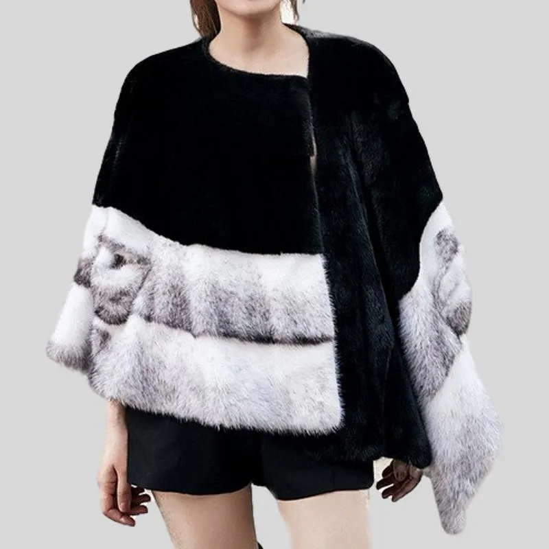 Genuine Mink  Fur  O-Neck Patchwork Long Spliced Coat