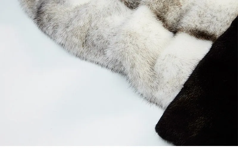 Genuine Mink  Fur  O-Neck Patchwork Long Spliced Coat
