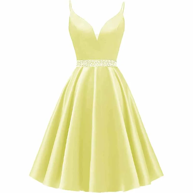 Girls Spaghetti Short Satin Prom Dress V-Neck Beaded Homecoming Evening Party Gowns