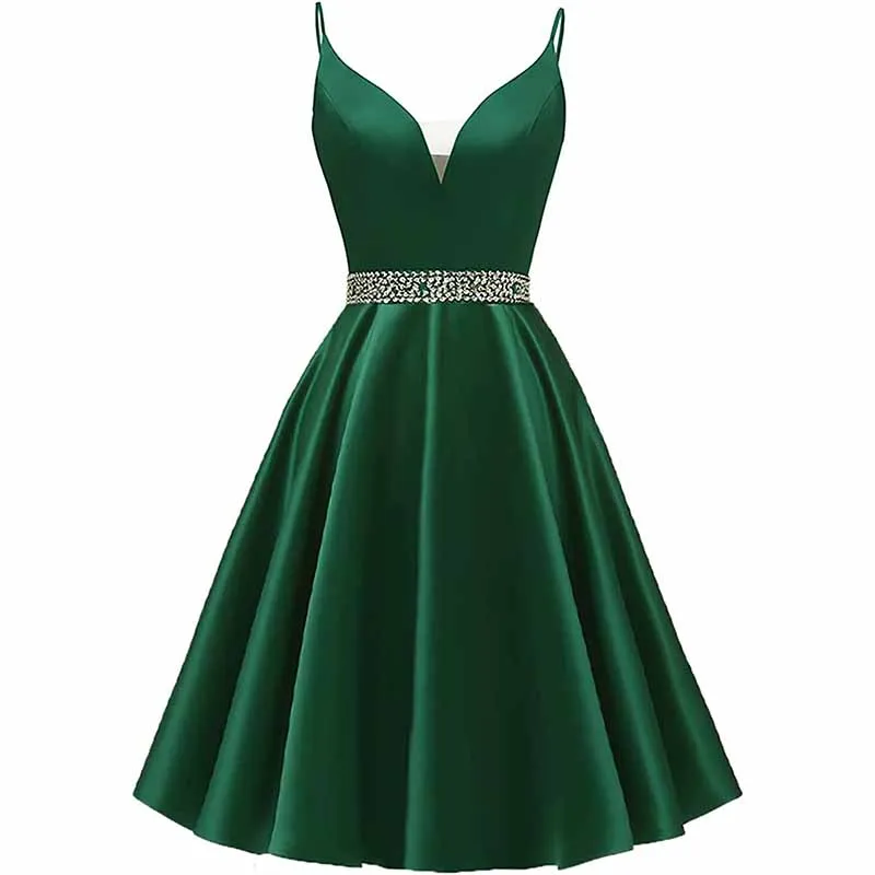 Girls Spaghetti Short Satin Prom Dress V-Neck Beaded Homecoming Evening Party Gowns