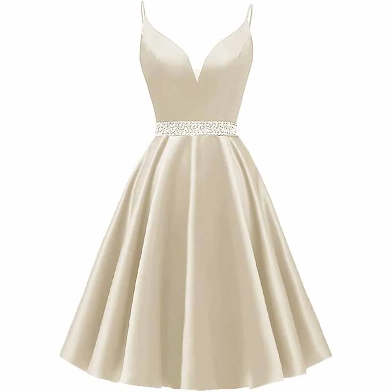 Girls Spaghetti Short Satin Prom Dress V-Neck Beaded Homecoming Evening Party Gowns
