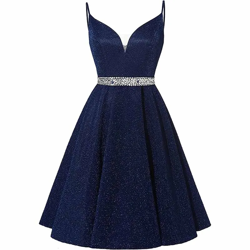 Girls Spaghetti Short Satin Prom Dress V-Neck Beaded Homecoming Evening Party Gowns