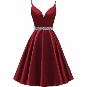 Girls Spaghetti Short Satin Prom Dress V-Neck Beaded Homecoming Evening Party Gowns