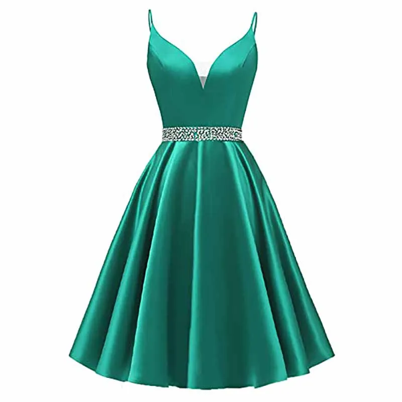 Girls Spaghetti Short Satin Prom Dress V-Neck Beaded Homecoming Evening Party Gowns