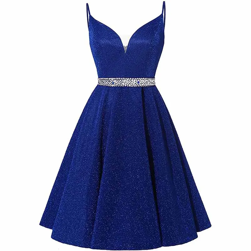Girls Spaghetti Short Satin Prom Dress V-Neck Beaded Homecoming Evening Party Gowns