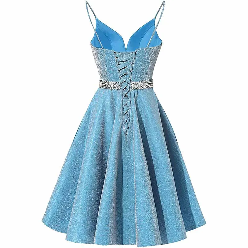 Girls Spaghetti Short Satin Prom Dress V-Neck Beaded Homecoming Evening Party Gowns