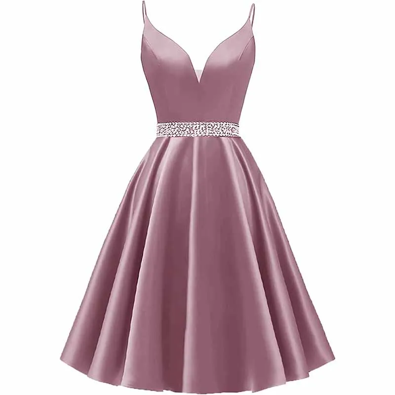 Girls Spaghetti Short Satin Prom Dress V-Neck Beaded Homecoming Evening Party Gowns
