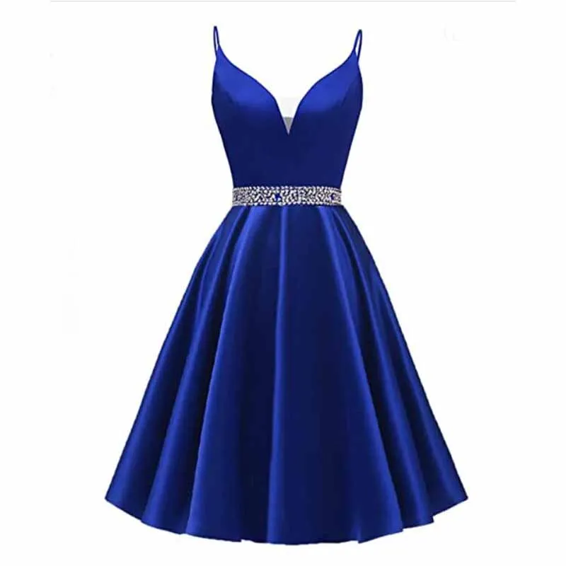 Girls Spaghetti Short Satin Prom Dress V-Neck Beaded Homecoming Evening Party Gowns