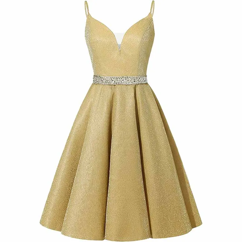 Girls Spaghetti Short Satin Prom Dress V-Neck Beaded Homecoming Evening Party Gowns
