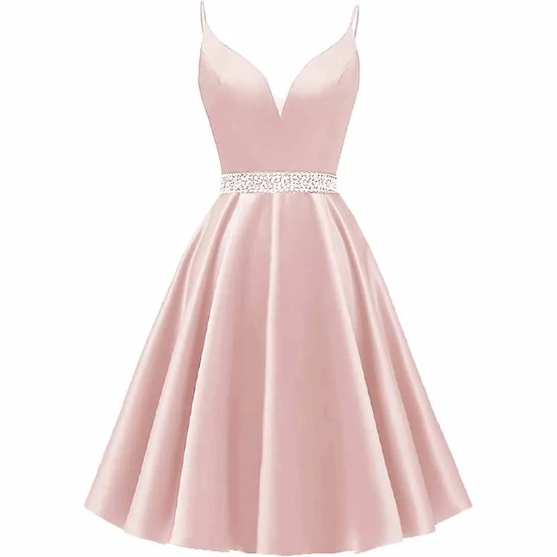 Girls Spaghetti Short Satin Prom Dress V-Neck Beaded Homecoming Evening Party Gowns