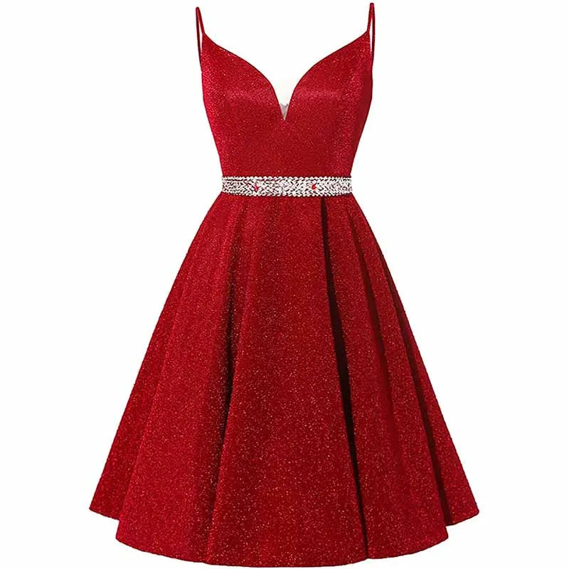 Girls Spaghetti Short Satin Prom Dress V-Neck Beaded Homecoming Evening Party Gowns