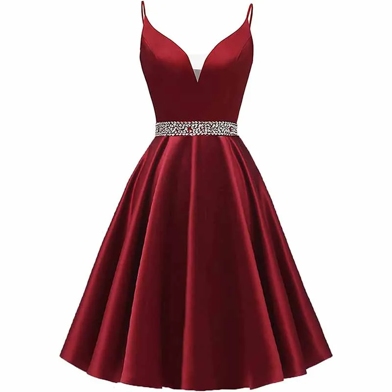 Girls Spaghetti Short Satin Prom Dress V-Neck Beaded Homecoming Evening Party Gowns