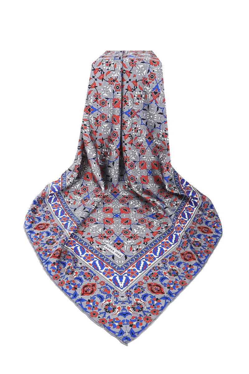 Gray Turkish Patterned Tile Pattern Silk Square Scarf