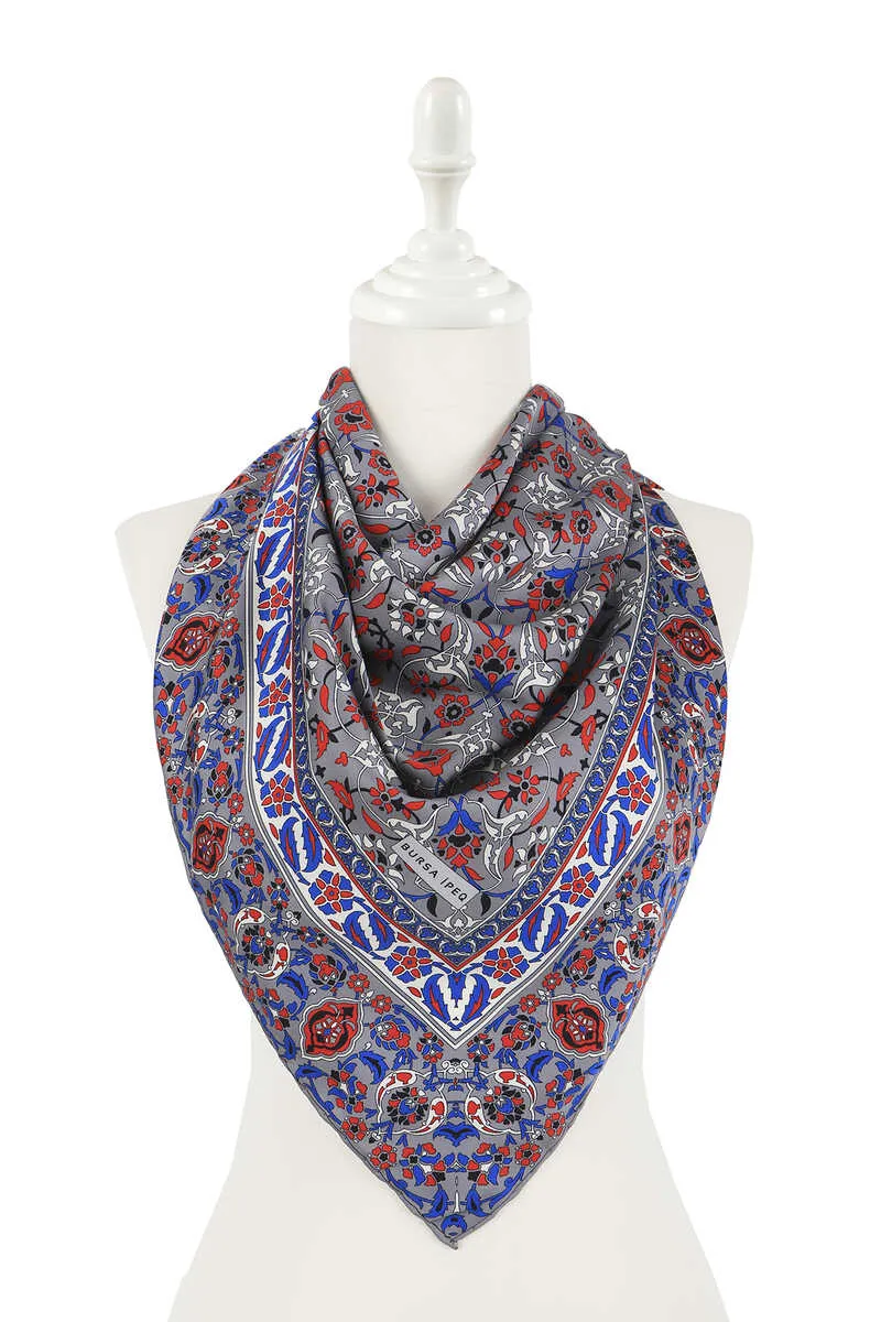 Gray Turkish Patterned Tile Pattern Silk Square Scarf