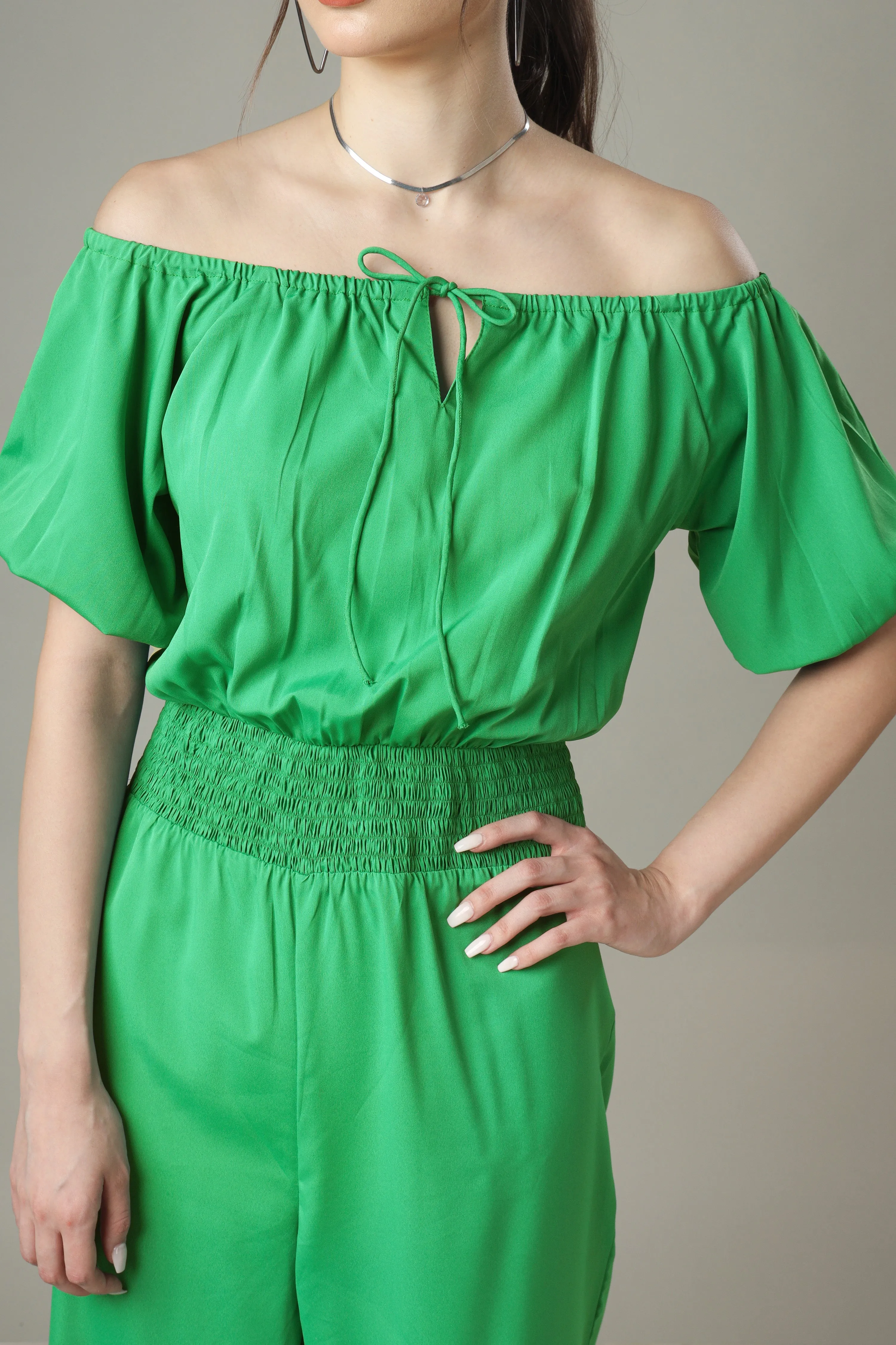 Green Jumpsuit With Smocking Detailing Off Shoulder