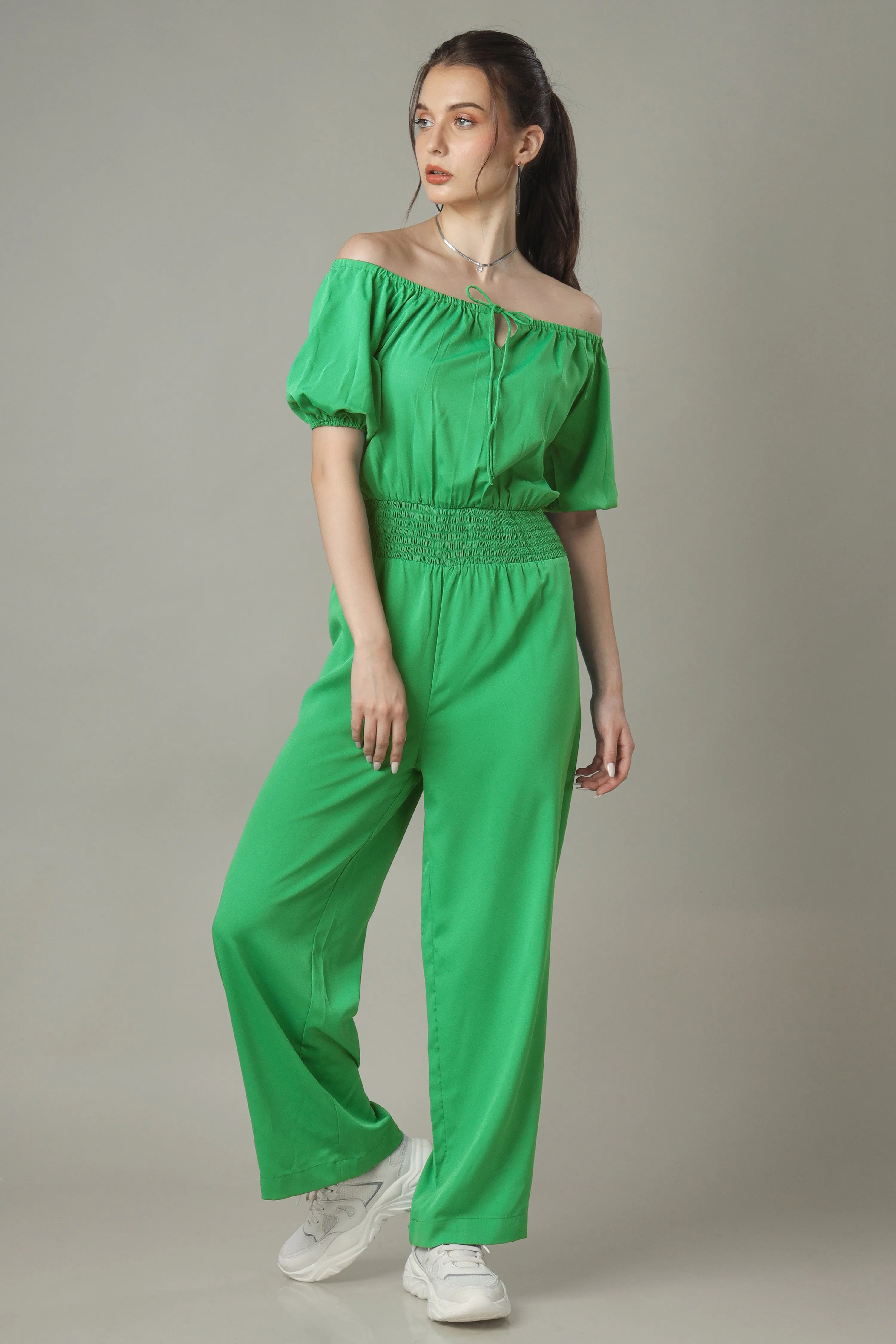 Green Jumpsuit With Smocking Detailing Off Shoulder