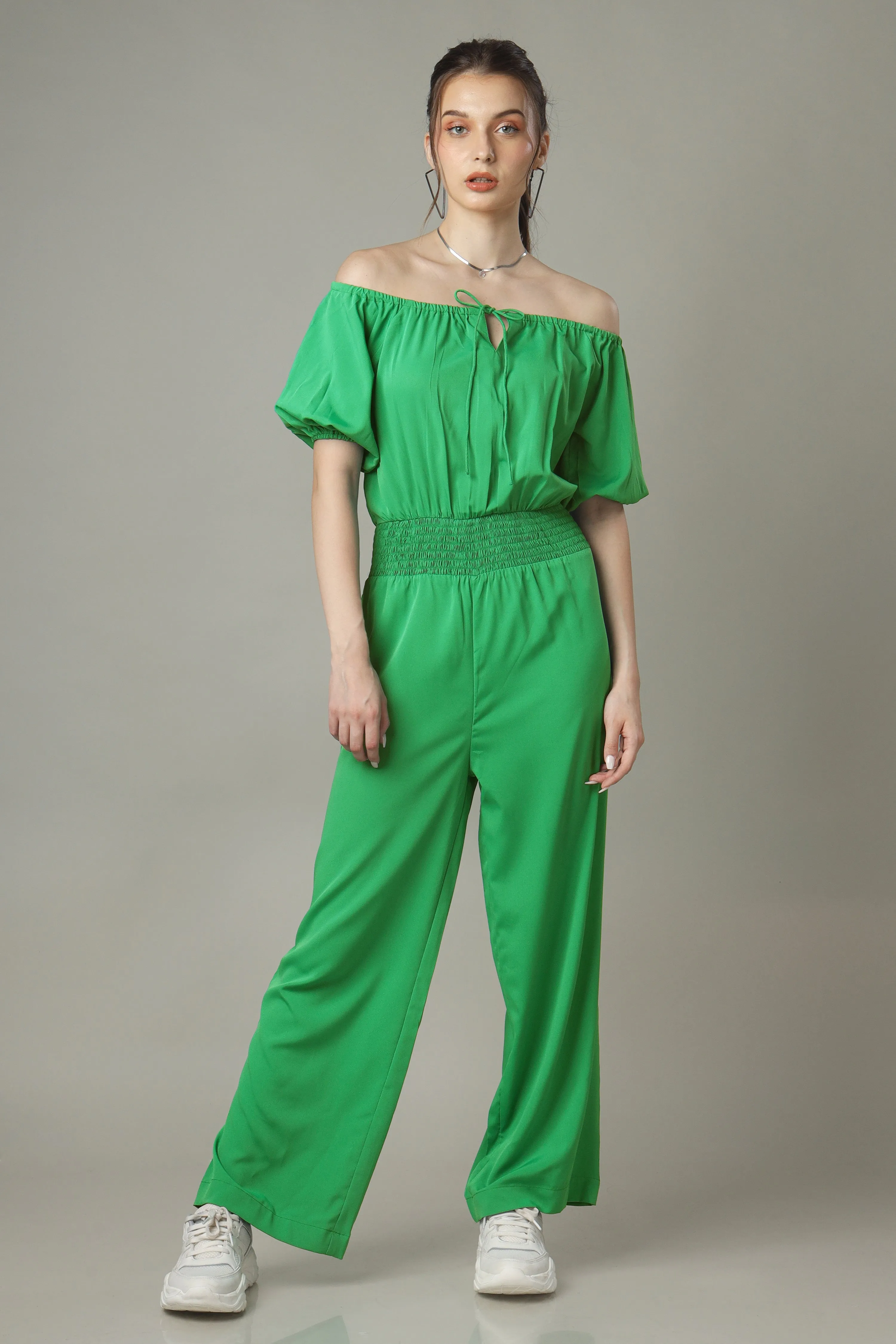 Green Jumpsuit With Smocking Detailing Off Shoulder