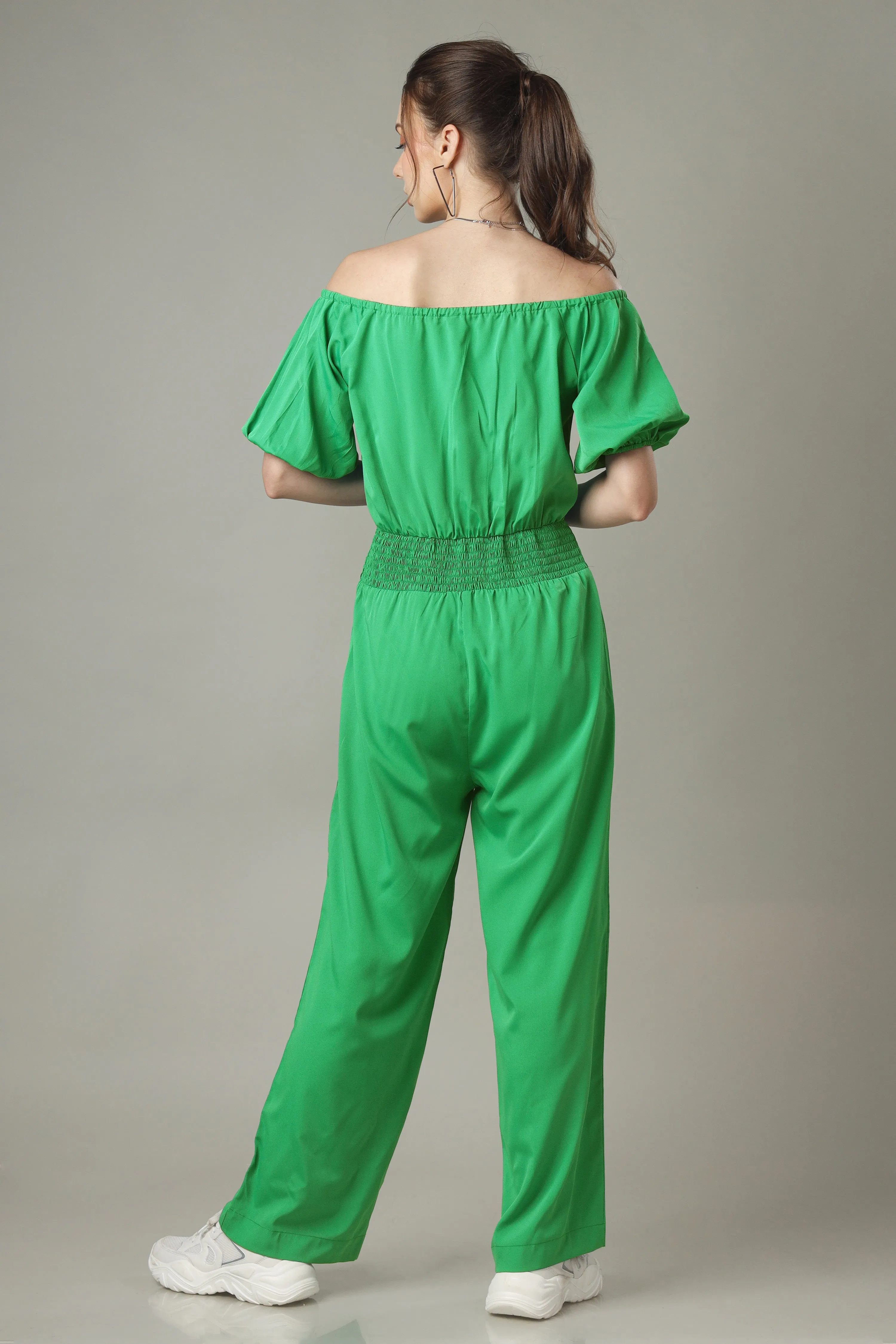 Green Jumpsuit With Smocking Detailing Off Shoulder