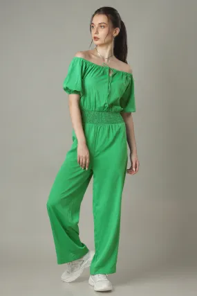 Green Jumpsuit With Smocking Detailing Off Shoulder
