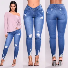 High Waist Slim Hole Ripped Denim Jeans Casual Stretch