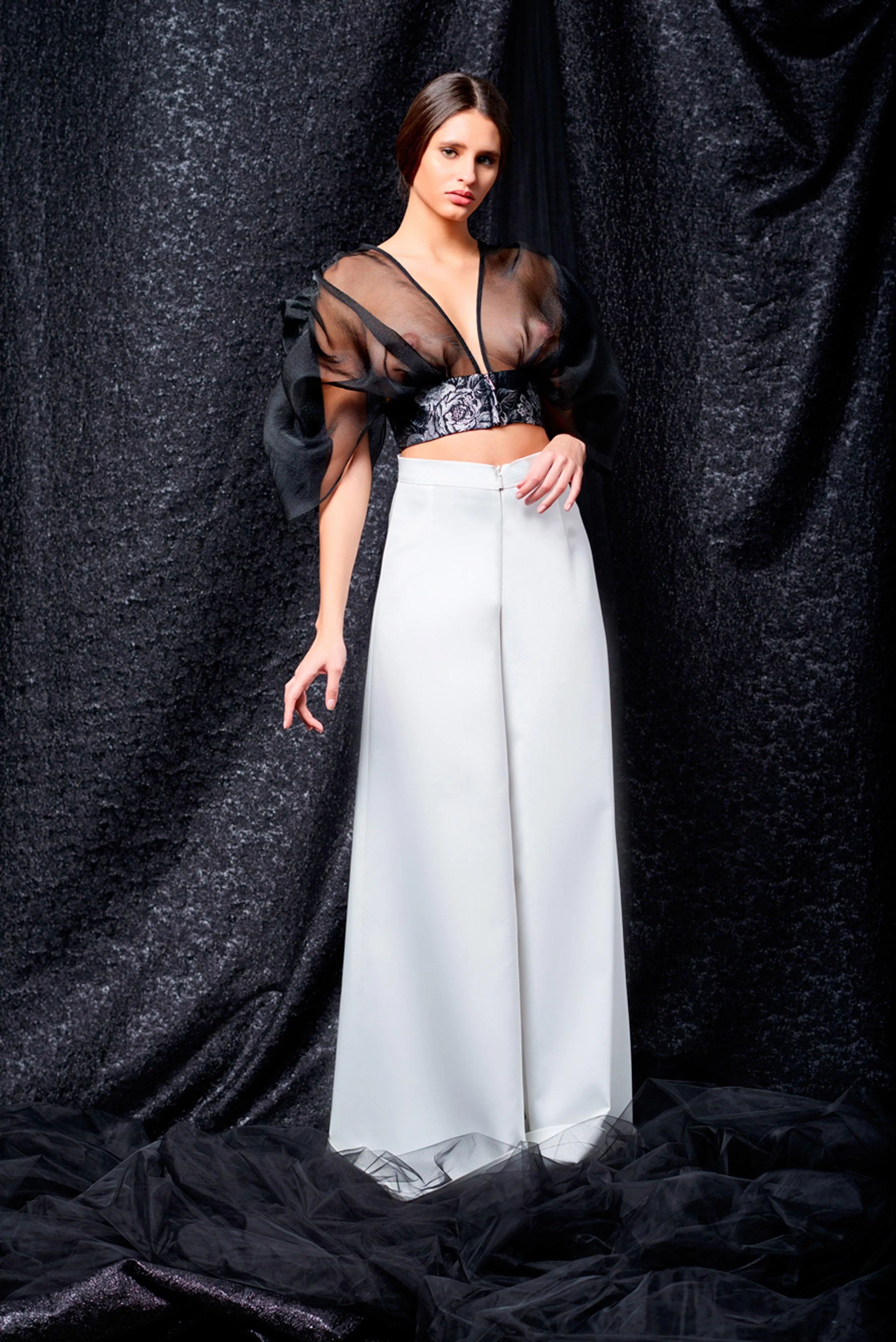 High-Waist Wide Leg Faille Pant with Crop Top