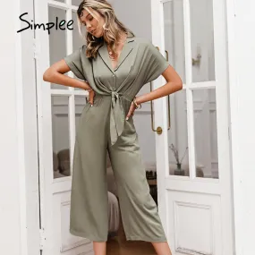 Joskaa Solid High Waist Short Sleeve V-neck Jumpsuit Casual Summer Women Wide-leg Jumpsuit 2024 Loose Knotted Office Jumpsuit