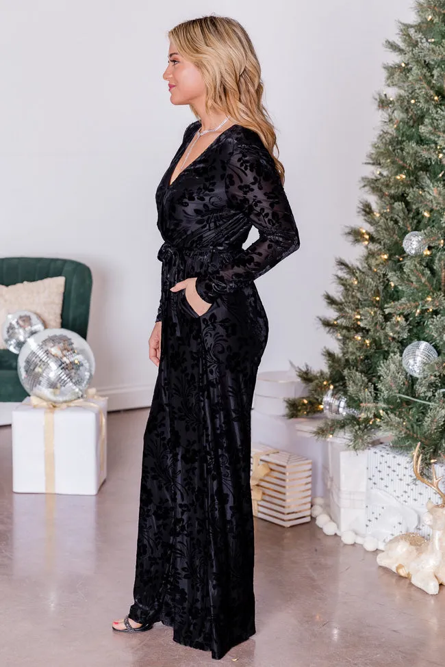 Joy To The World Black Velvet Long Sleeve Belted Jumpsuit FINAL SALE