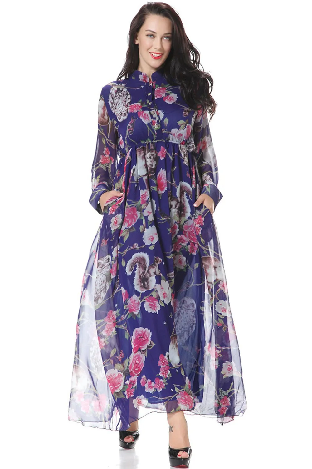 Ketty More Women Plus Size Collar Neck Floral Printed Decorated Maxi Dress-KMWD401