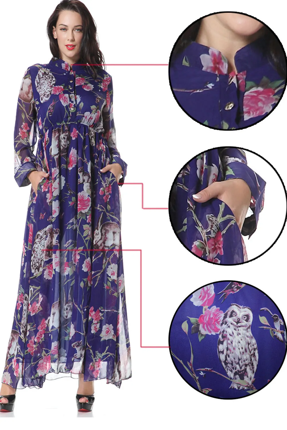 Ketty More Women Plus Size Collar Neck Floral Printed Decorated Maxi Dress-KMWD401