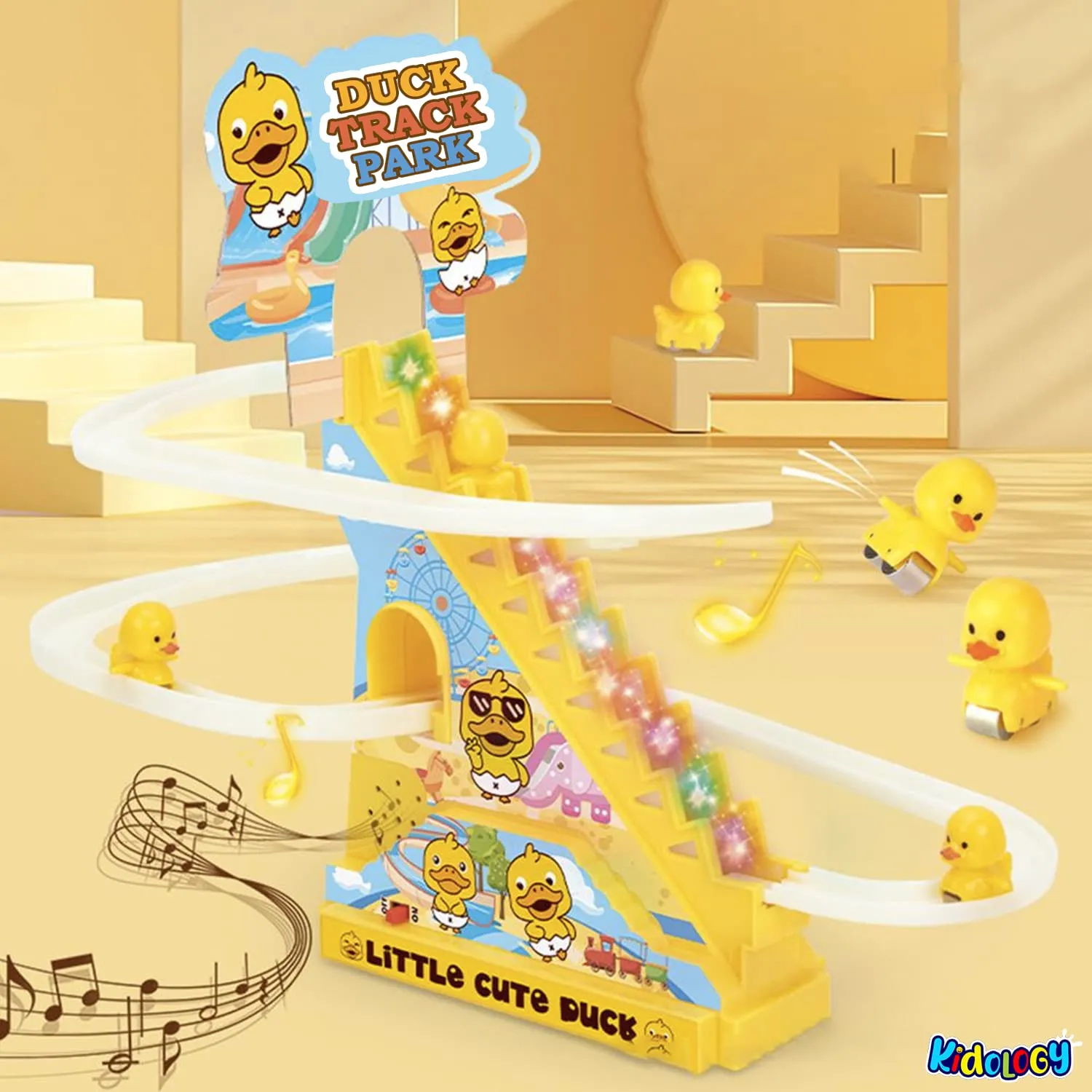 Kidology Electric Stair Climbing Track Toy for Kids, Duck Roller Coaster Toys with Flashing Lights and Music for Toddlers Boys and Girls (3 Duck Slide)