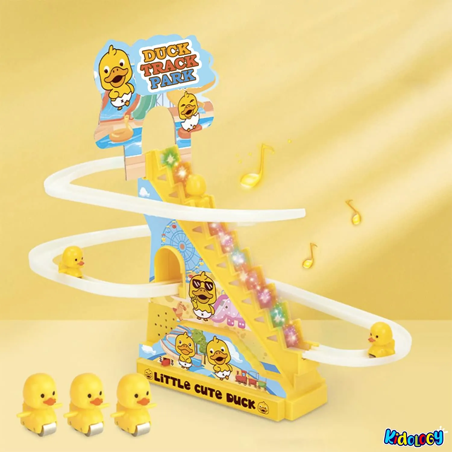 Kidology Electric Stair Climbing Track Toy for Kids, Duck Roller Coaster Toys with Flashing Lights and Music for Toddlers Boys and Girls (3 Duck Slide)
