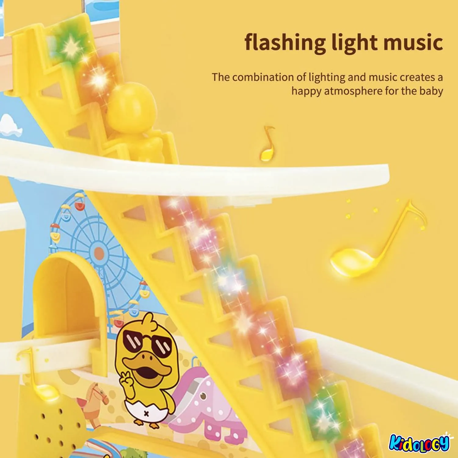 Kidology Electric Stair Climbing Track Toy for Kids, Duck Roller Coaster Toys with Flashing Lights and Music for Toddlers Boys and Girls (3 Duck Slide)