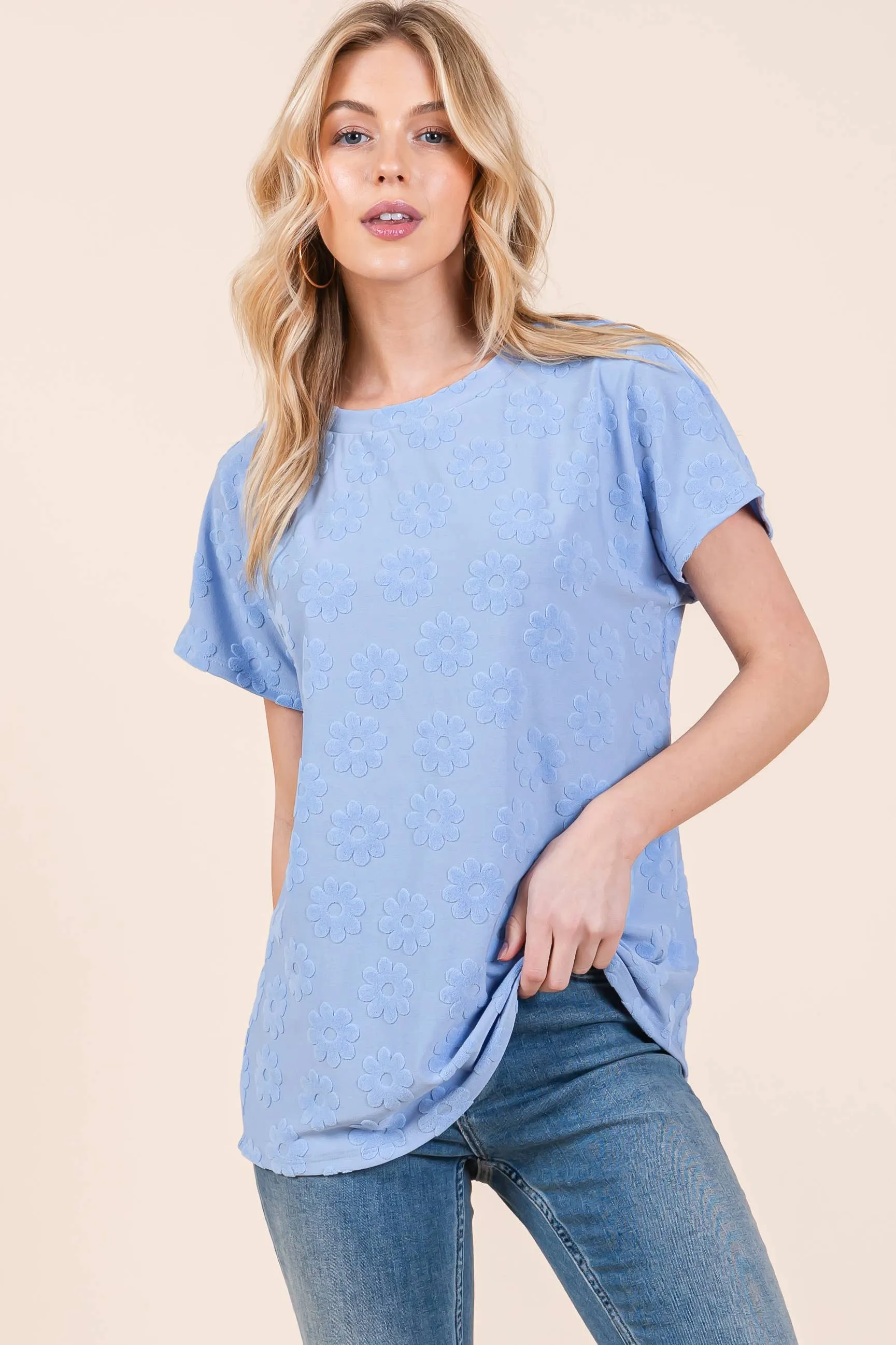 Light Blue Textured Floral Top
