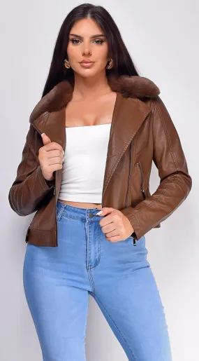 Maine Fur Leather Biker Jacket - Brown