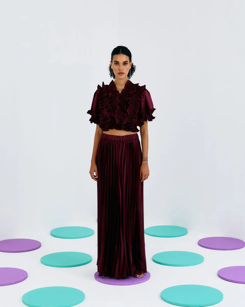 Maroon Frill Pleated Top