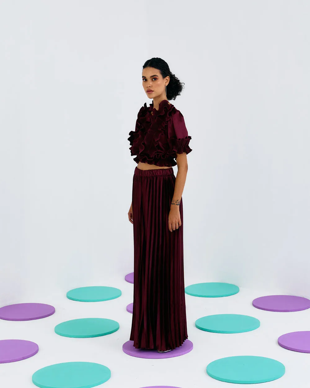 Maroon Frill Pleated Top
