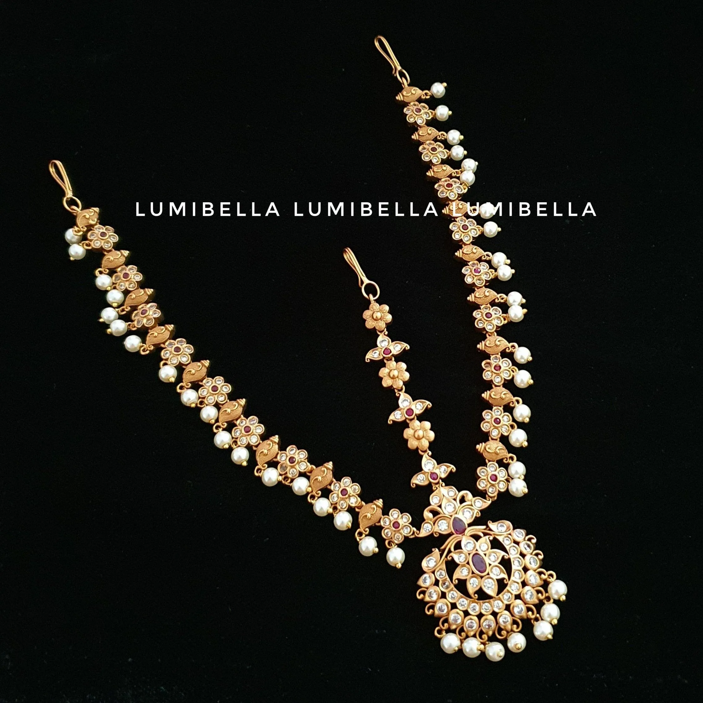 Matte Gold Finish Three Layered Maang Tikka With Pearls