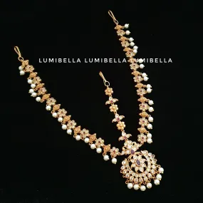 Matte Gold Finish Three Layered Maang Tikka With Pearls