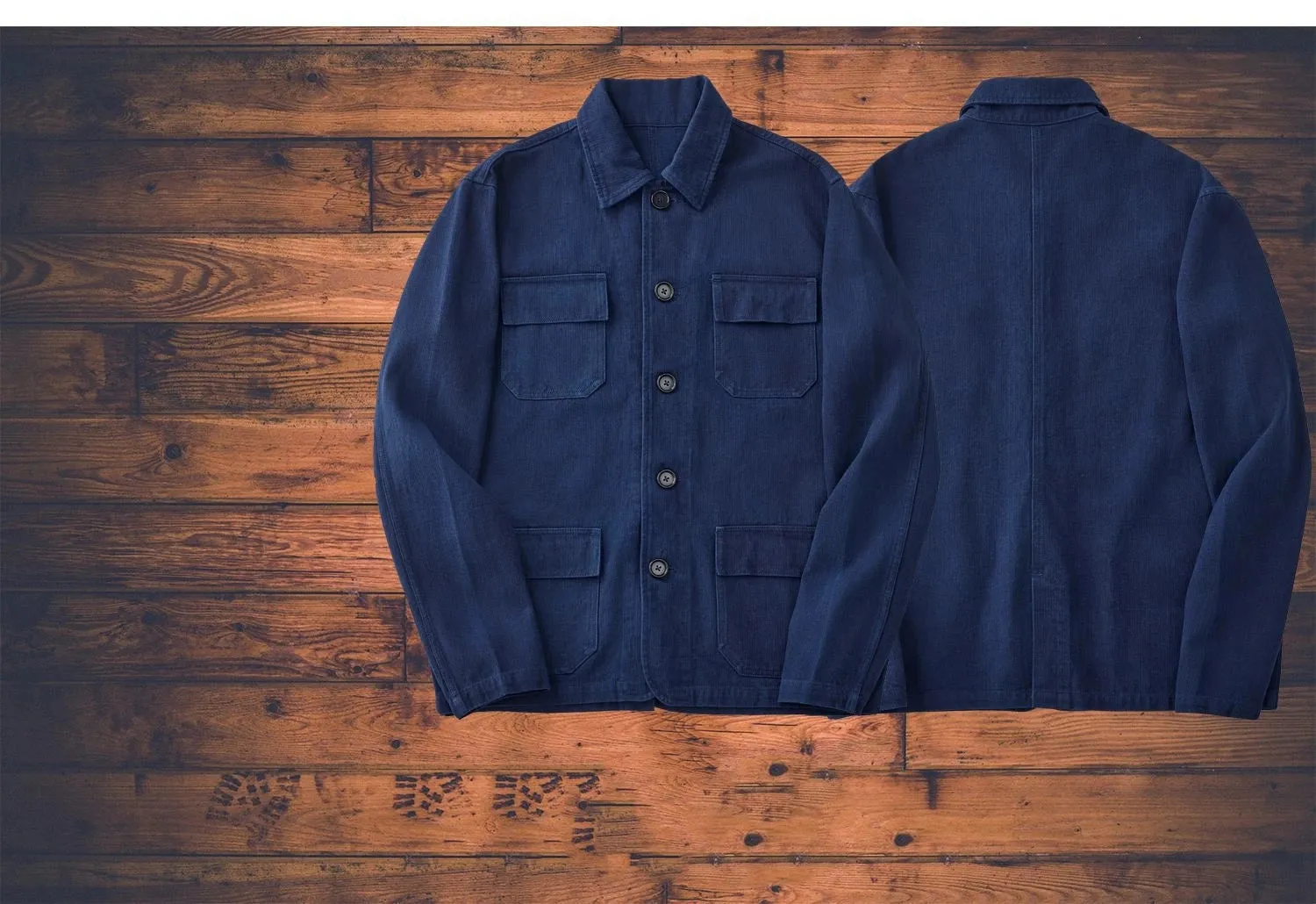 Men's Herringbone Work Shirt Indigo Loose Fit French Sack Suit Jacket