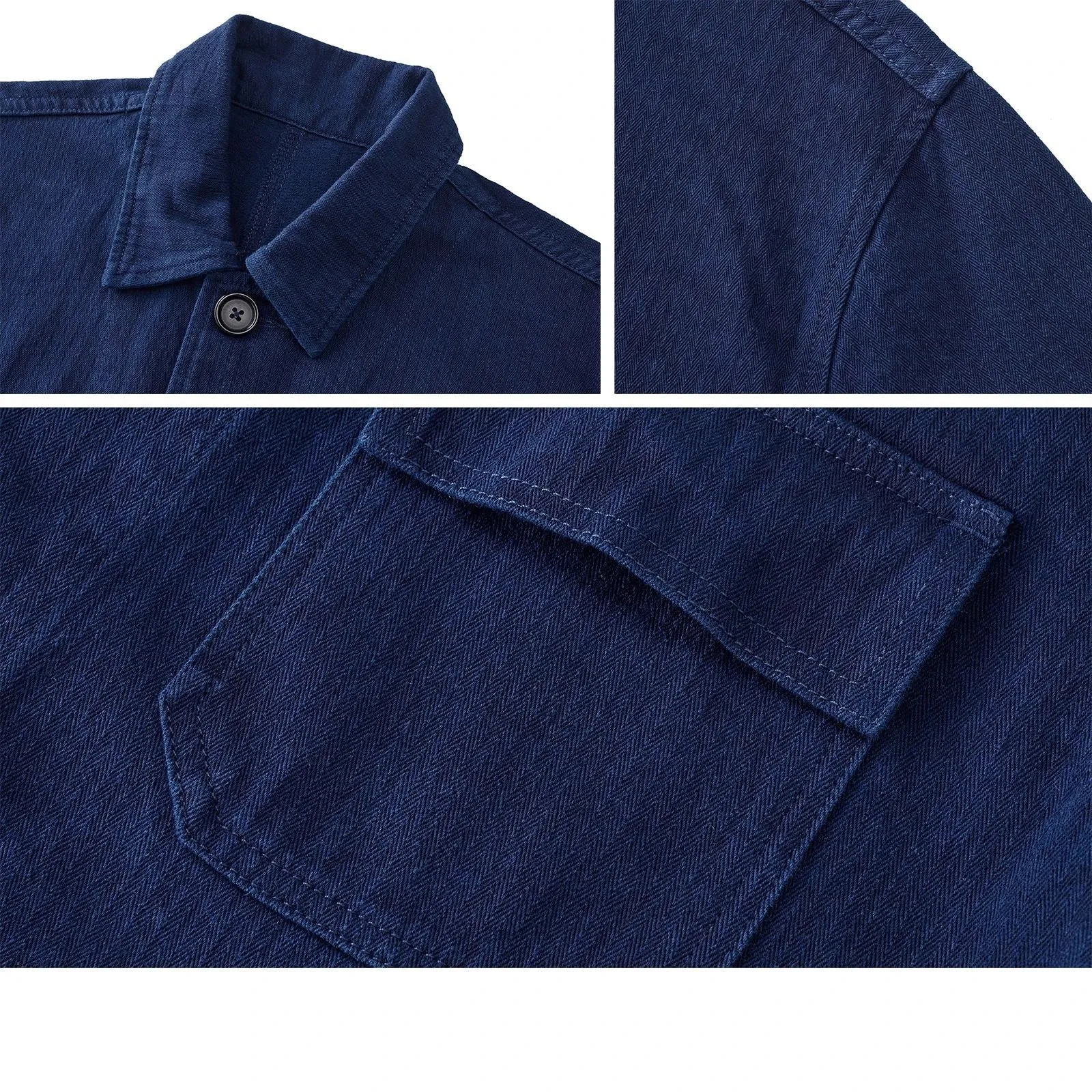 Men's Herringbone Work Shirt Indigo Loose Fit French Sack Suit Jacket