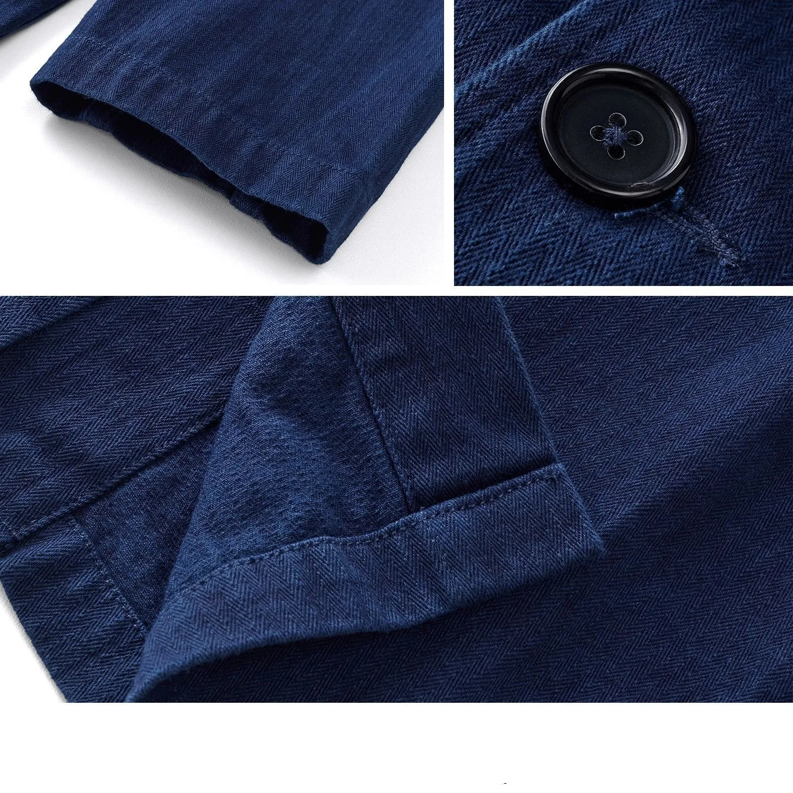 Men's Herringbone Work Shirt Indigo Loose Fit French Sack Suit Jacket