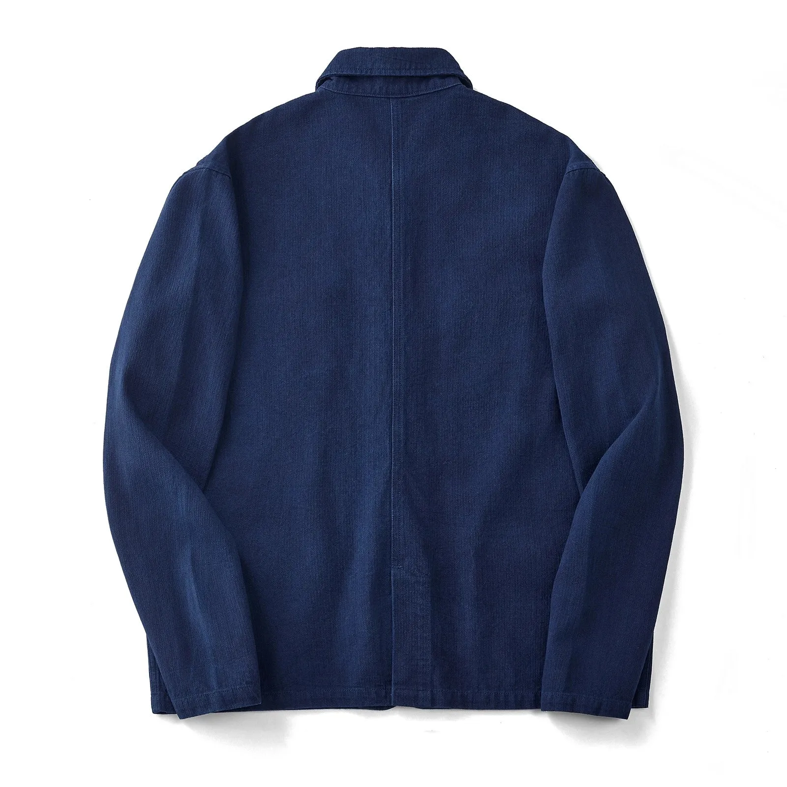 Men's Herringbone Work Shirt Indigo Loose Fit French Sack Suit Jacket