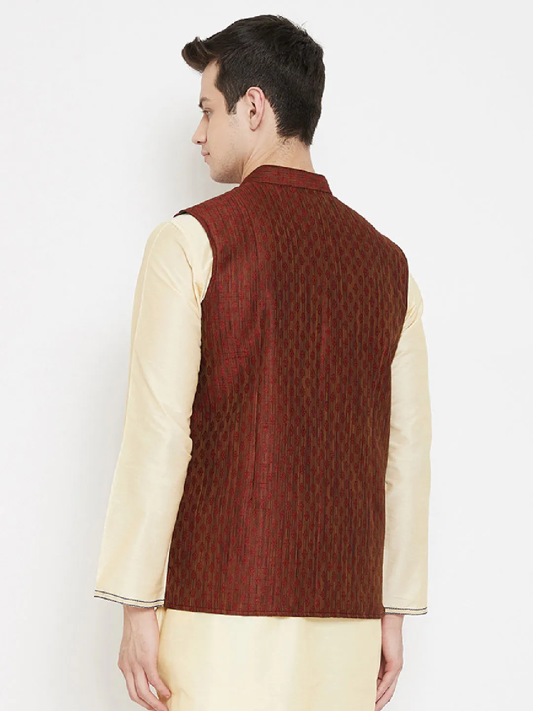 Men's Jacquard Maroon Silk Nehru Jacket - Even Apparels