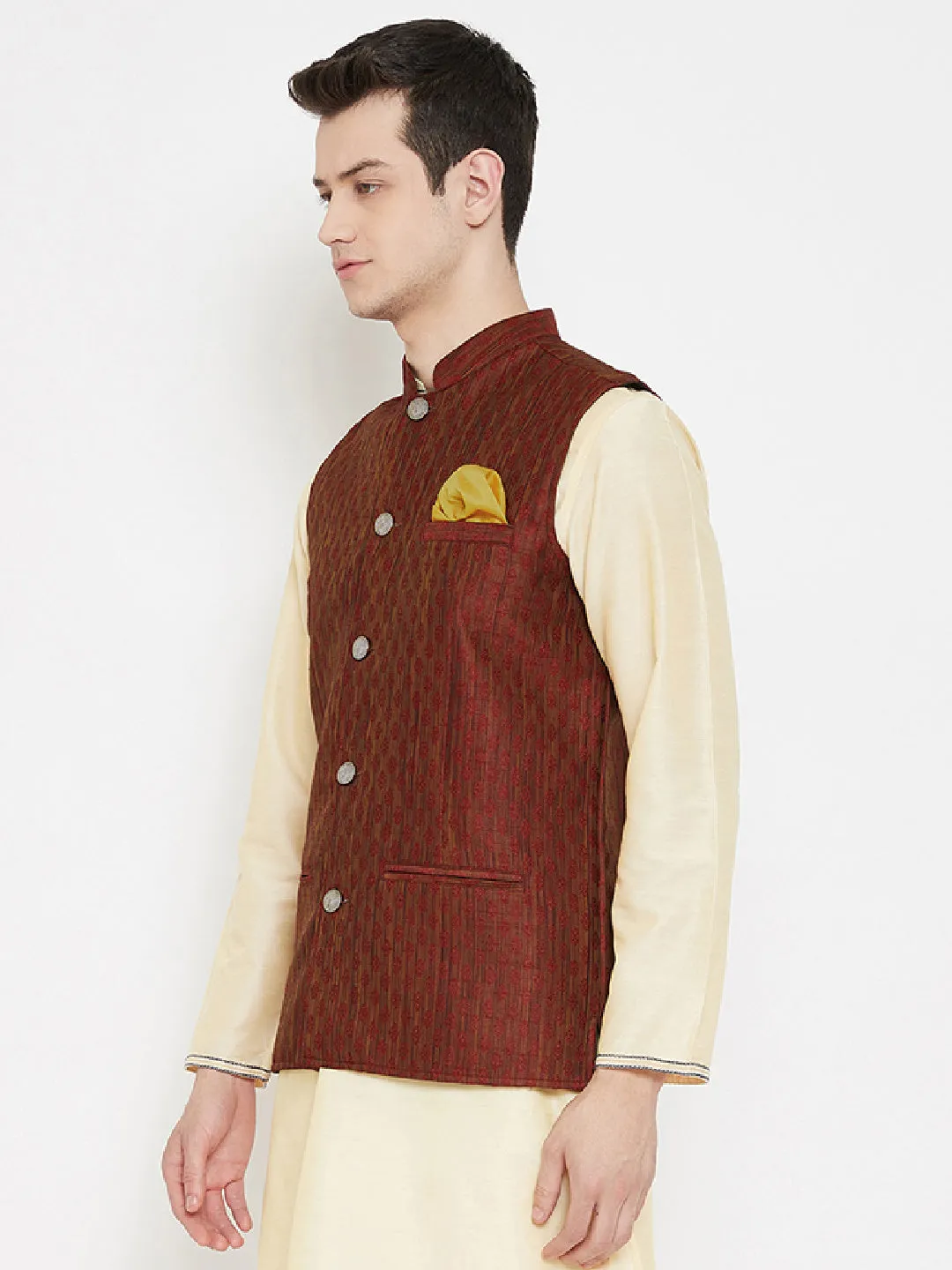 Men's Jacquard Maroon Silk Nehru Jacket - Even Apparels
