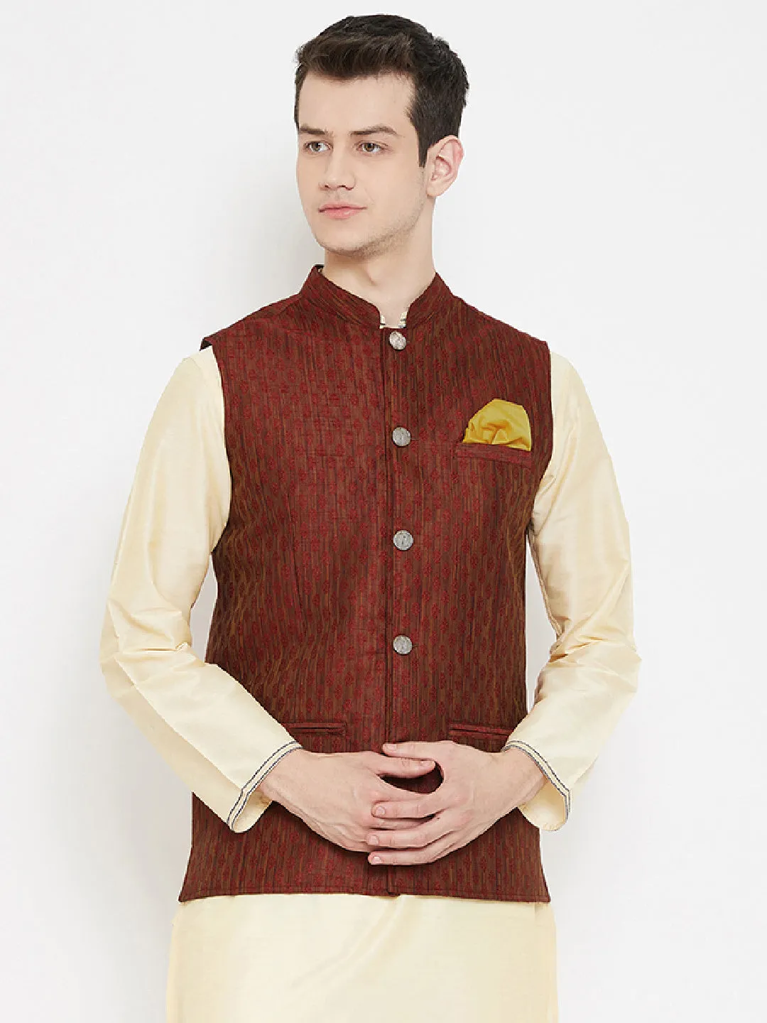 Men's Jacquard Maroon Silk Nehru Jacket - Even Apparels