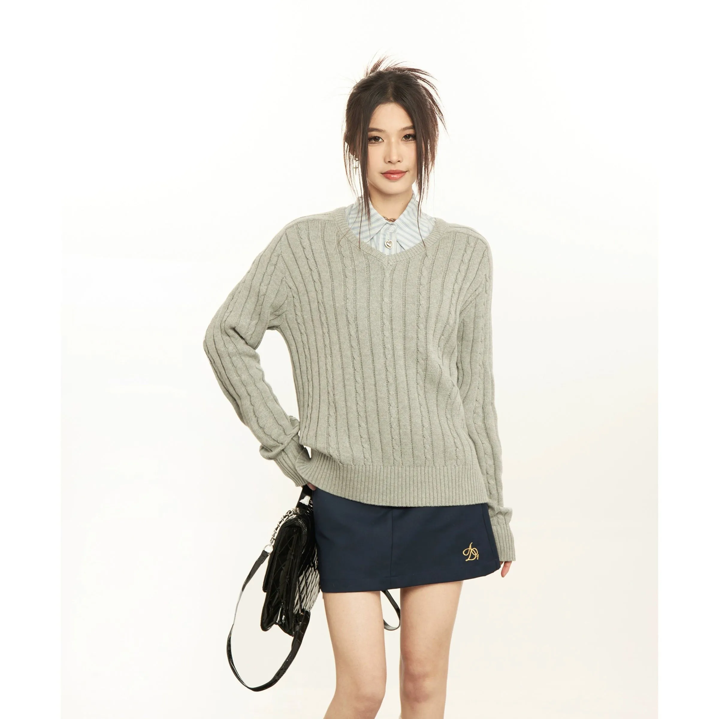 Mina Cozy Fit Cable Knit V-Neck Sweater