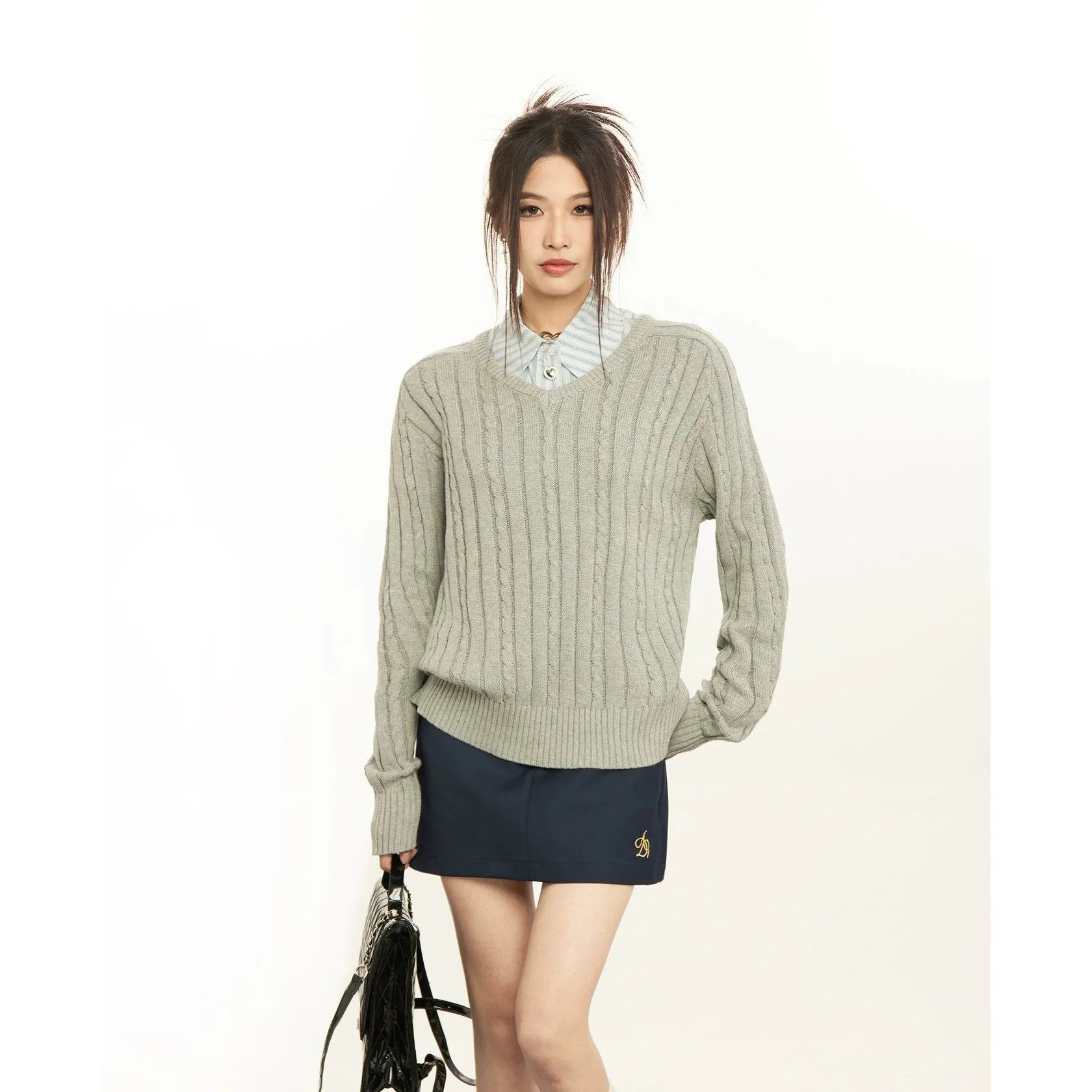 Mina Cozy Fit Cable Knit V-Neck Sweater